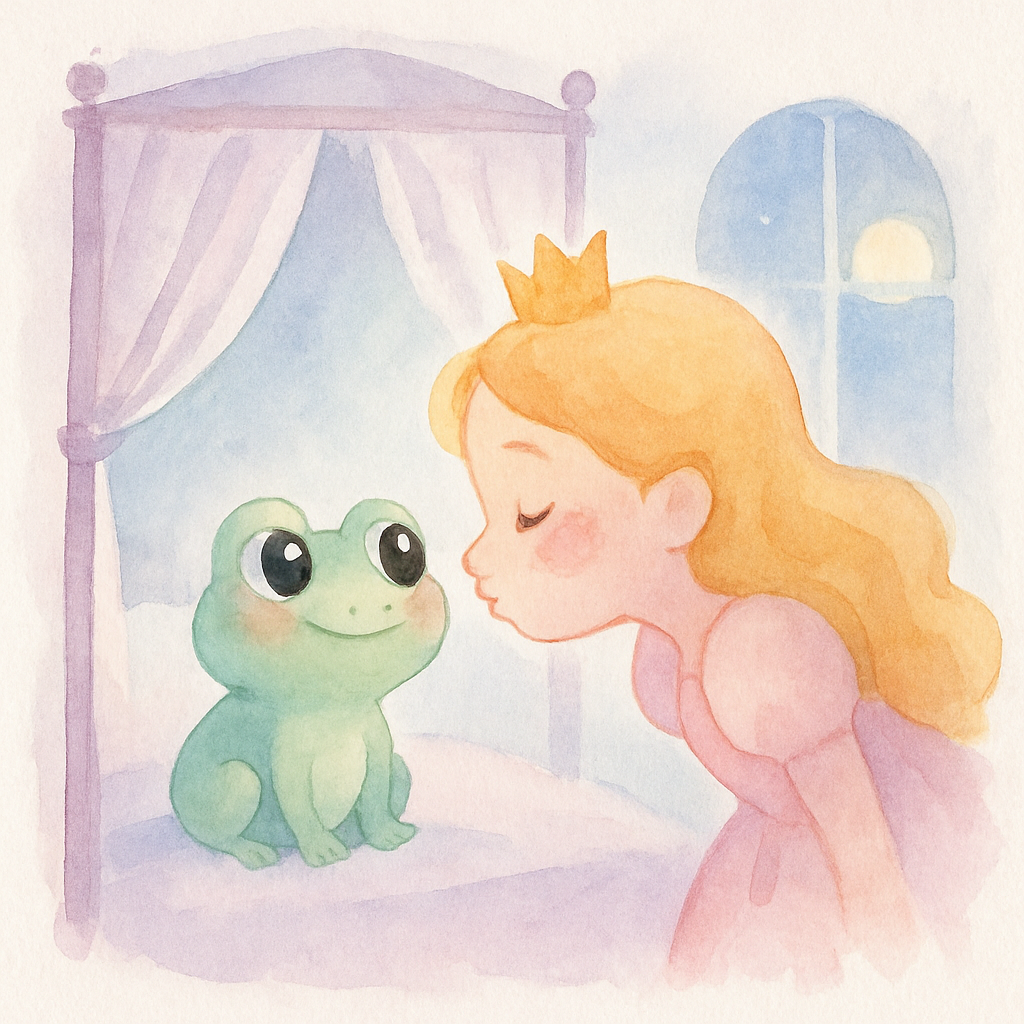 공주 방에서 공주가 개구리에게 뽀뽀하는 순간